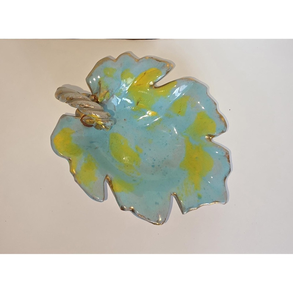 Vintage Handpain Art Pottery Leaf Trinket Dish Turquoise Yellow Gold Rope Handle